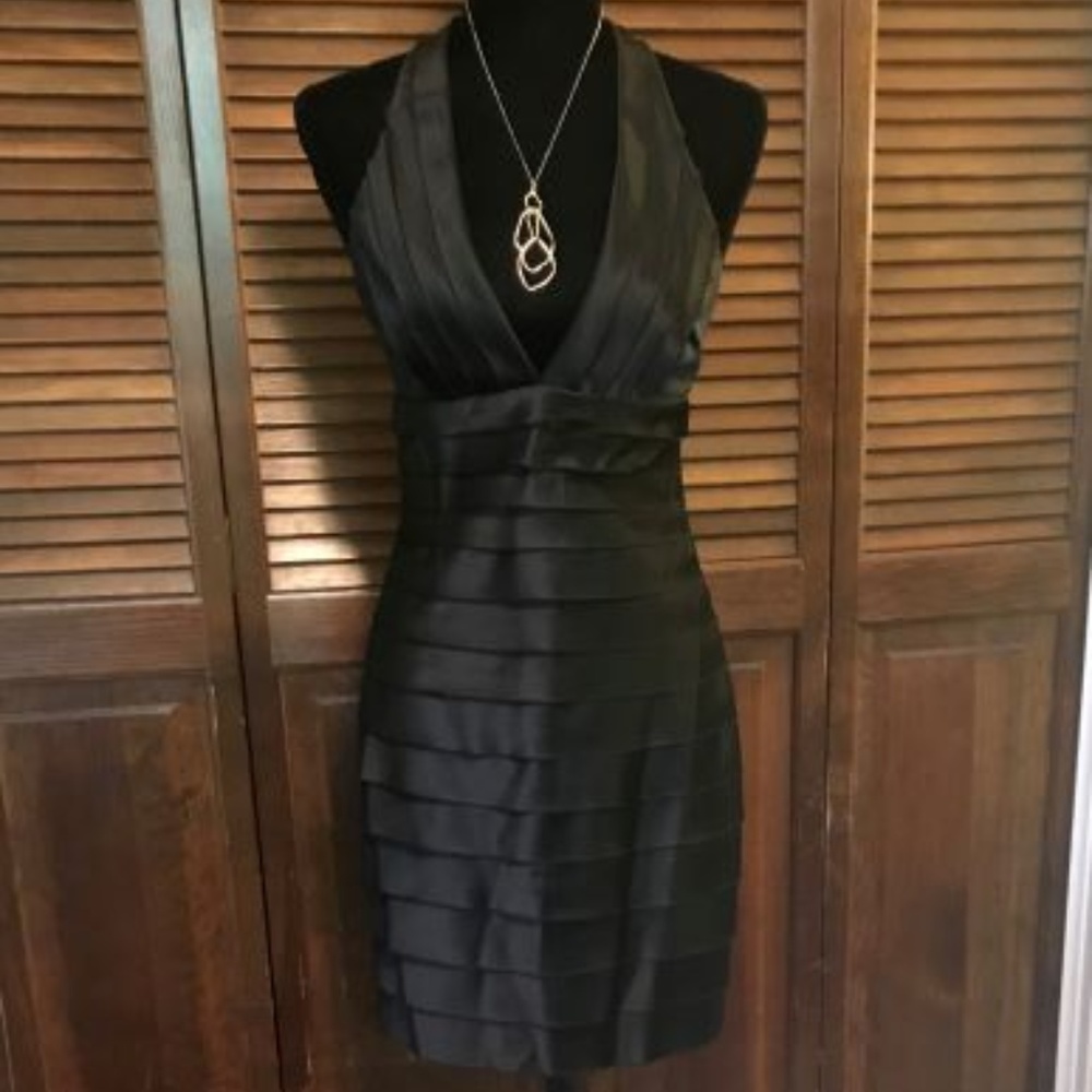 Black Satin Halter Formal Mini Party Dress